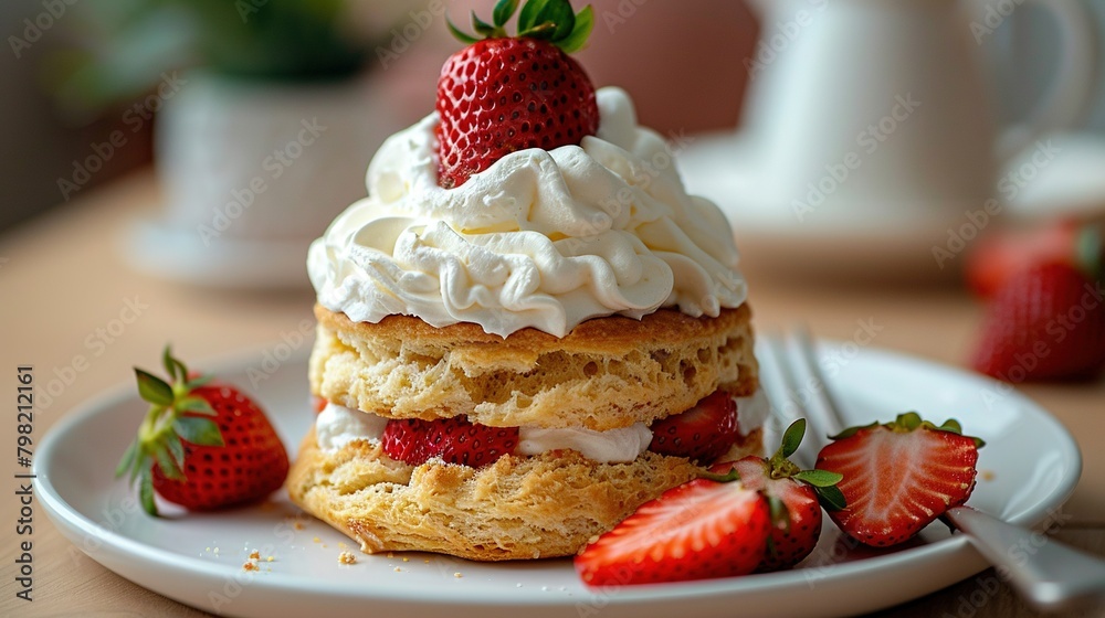 Strawberry shortcake with whipped cream & strawberries on white plate ...