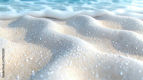  Close-up of sand and water with wave approaching shore, blue ocean backdrop