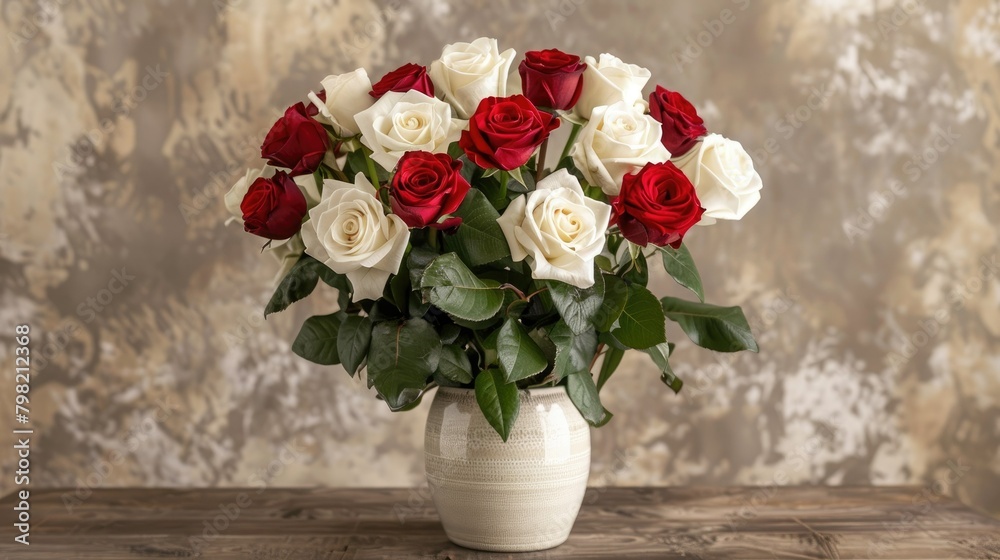 A beautiful arrangement of white and red roses graces a vase placed on the table