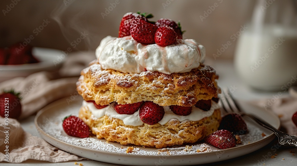 A tower of strawberry shortcakes, crowned with whipped cream and adorned with fresh strawberries, alongside a glass of milk A tower of strawberry shortcakes, crowned with whipped cream and adorned with fresh strawberries, alongside a glass of milk