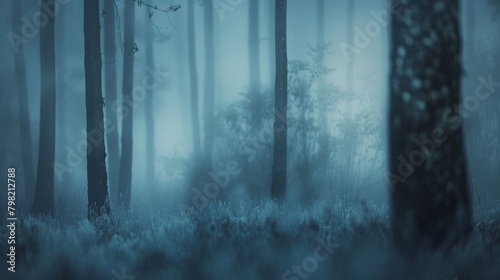 Gazing into a defocused foggy woodland awakens a sense of wonder and mystery as the hazy muted tones of the early morning create a profound stillness that envelops the forest. . photo