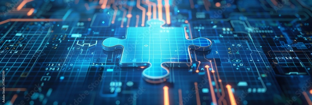 © png-jpeg-vector - digital blue jigsaw puzzle with glowing data streams, ai in puzzle-solving algorithms, pattern recognition techniques, cognitive training applications, Creativity and Innovation.