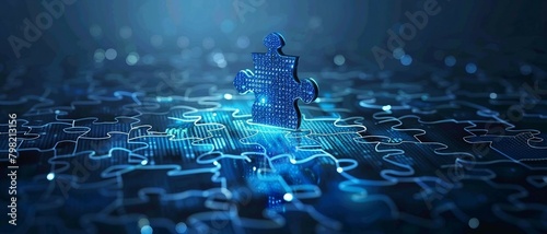 digital blue jigsaw puzzle with glowing data streams, ai in puzzle-solving algorithms, pattern recognition techniques, cognitive training applications, Creativity and Innovation. 