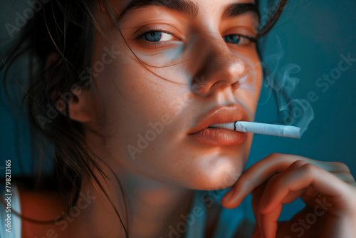 Portrait of a woman smoking a cigarette. Harm from smoking. World No Smoking Day