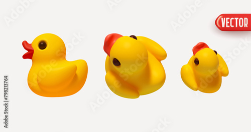 Set of Yellow Rubber Duck in realistic 3d Cartoon style. vector illustration