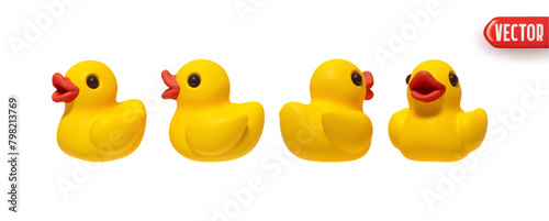 Set of Yellow Rubber Duck in realistic 3d Cartoon style. vector illustration