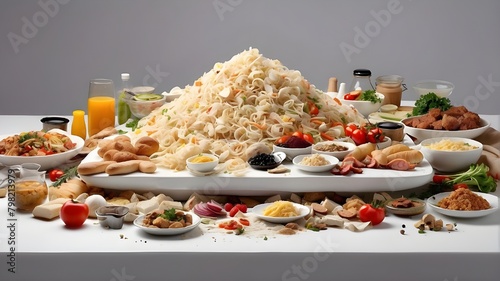 A spotless white table has an assortment of food items piled in an untidy heap on top of it. The cuisine looks to have been freshly made and is ready for diners to enjoy. alone against a transparent b