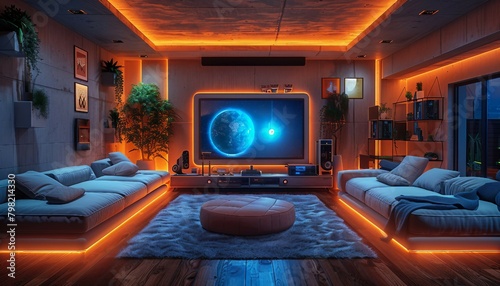 AI Home Command Center, futuristic living room with a centralized AI command center controlling all smart home devices. 