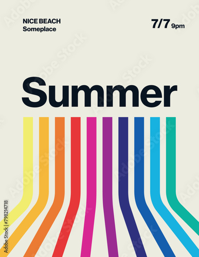 Summer party poster, flyer vector template. Funky colorful minimal retro design with rainbow colors stripes.
