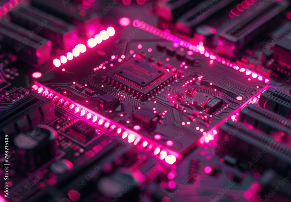 Autonomous microchip intelligence emits pink light. Autonomous microchip intelligence emits pink light.