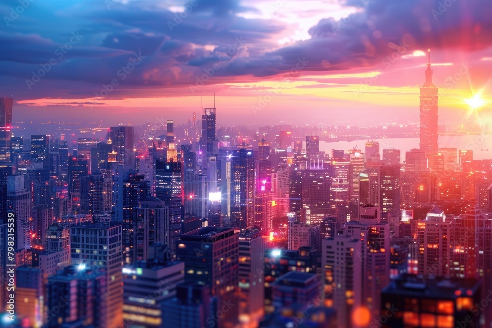 Vibrant city skyline as your 3D zoom background with dynamic lighting effects and realistic textures