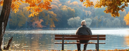 senior man contemplating life by a calm lake surrounded by autumn foliage, reflecting on memories. photo