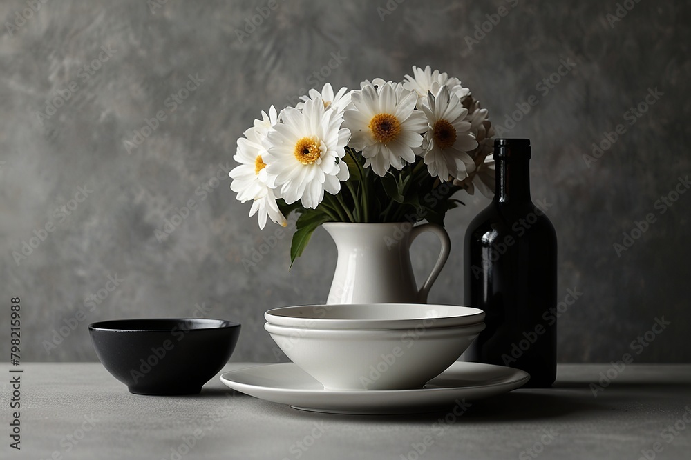 Black and white dishes and a flower in a vase