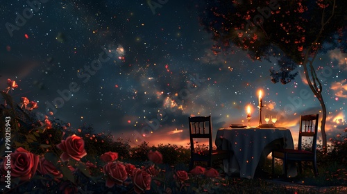 A candlelit dinner for two under a star-studded sky, with a table adorned with roses and fine china. photo