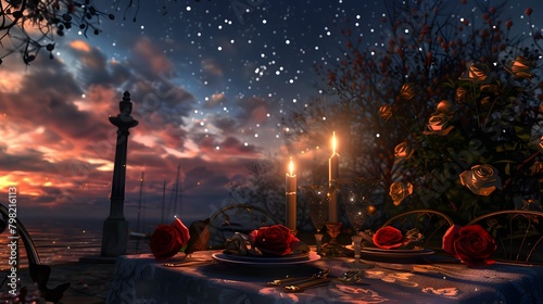 A candlelit dinner for two under a star-studded sky  with a table adorned with roses and fine china.