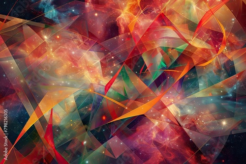 Vibrant geometric patterns intertwine in a kaleidoscopic dance against a cosmic backdrop
