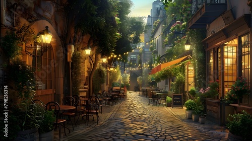A charming European-style cobblestone street, lined with quaint cafes and illuminated by vintage street lamps, perfect for an evening stroll.