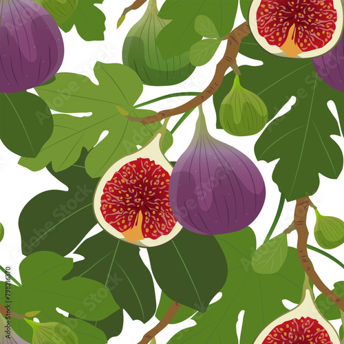 Figs branch with green leaves isolated on white background. Seamless vector pattern.	