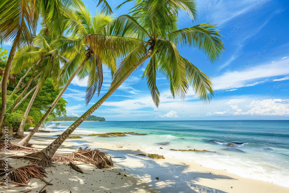 Wild tropical beach with coconut trees and other vegetation, white sand beach, Caribbean Sea, Panama Wild tropical beach with coconut trees and other vegetation, white sand beach, Caribbean Sea, Panama