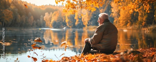 senior man contemplating life by a calm lake surrounded by autumn foliage, reflecting on memories.
