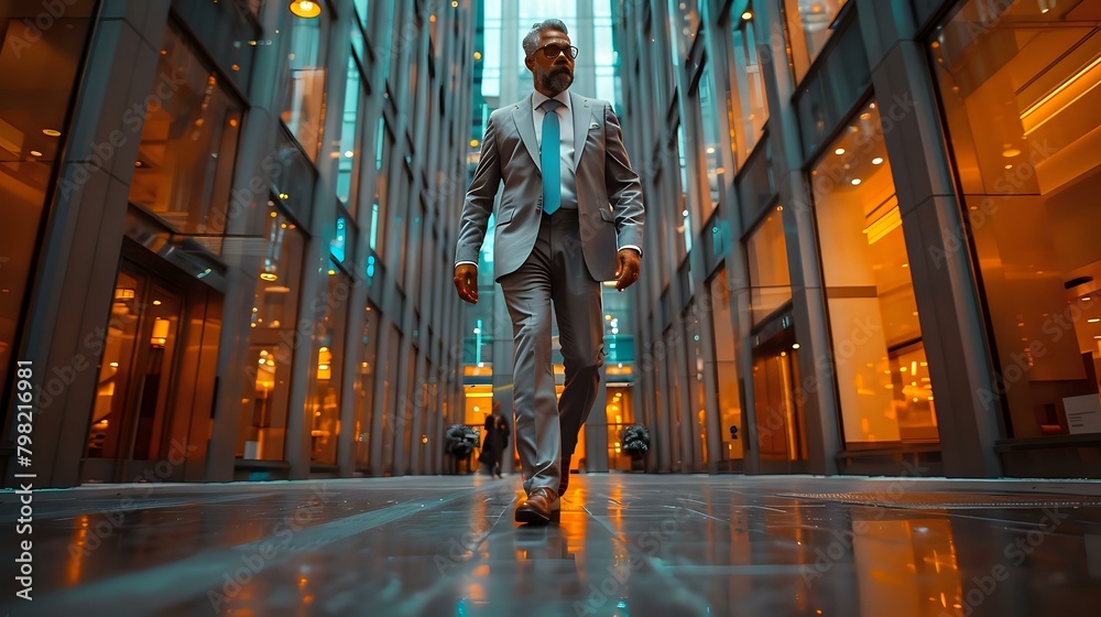 Confident Man in Stylish Suit Walking Through Modern City Confident Man in Stylish Suit Walking Through Modern City