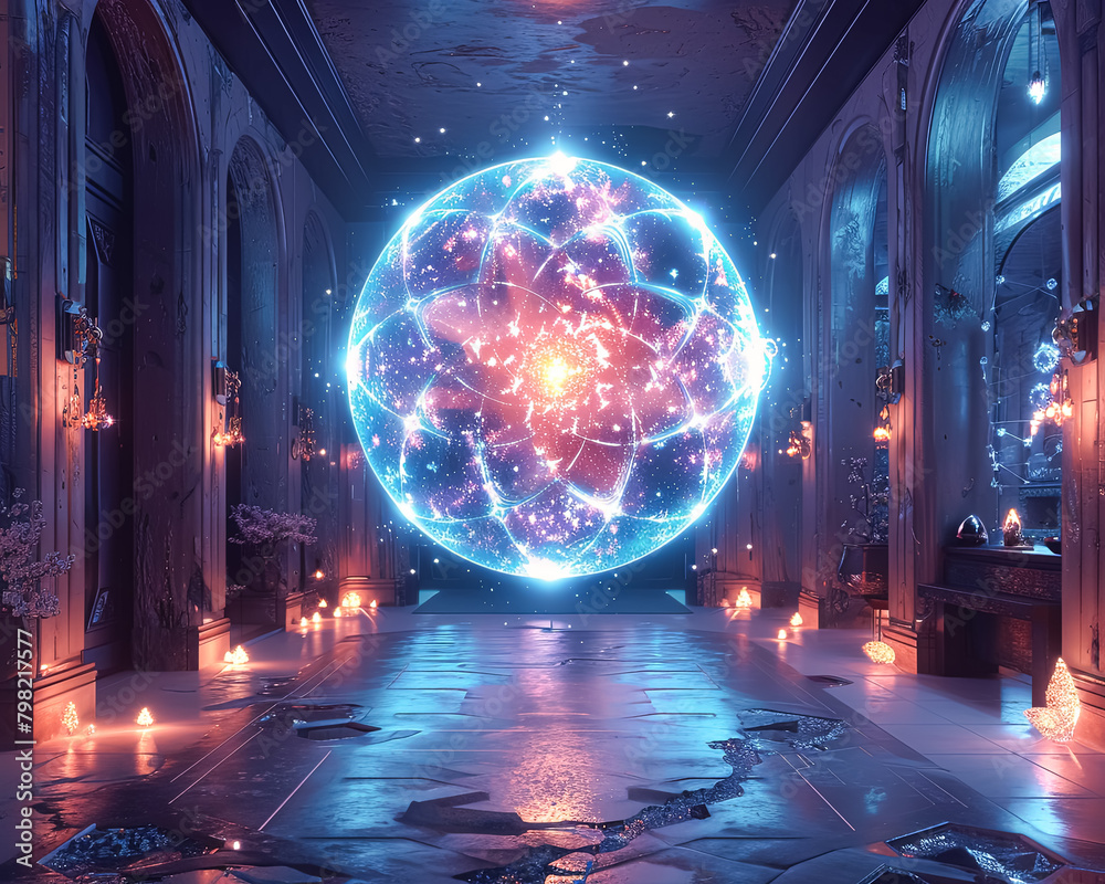 A glowing sphere with a bright orange center. The sphere is surrounded by a blue background A glowing sphere with a bright orange center. The sphere is surrounded by a blue background