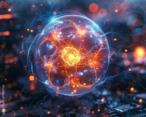 A glowing sphere with a bright orange center. The sphere is surrounded by a blue background