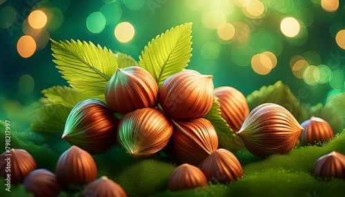 a handful of hazelnuts on the table, bokeh background in green colors.
