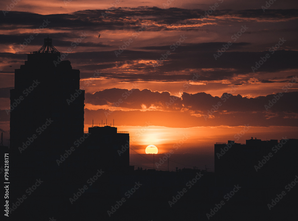 Sunrise over modern office buildings in business district center of Odesa.