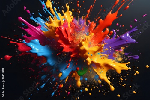 A vivid and photorealistic burst of colorful paint explodes into the air  defying gravity in a mesmerizing display of dynamic energy and vibrant hues.