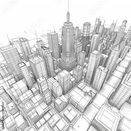 Wireframe city skyline with skyscrapers and buildings