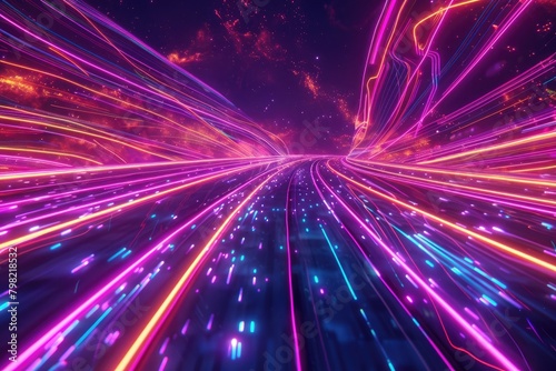 Vibrant neon streaks dance in cosmic harmony against a midnight canvas, embodying the essence of boundless energy and futuristic technology. © stock contributor 