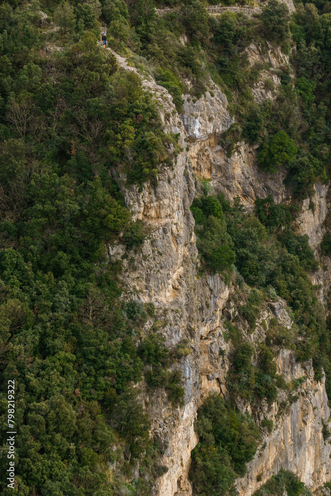 View of the rocky landscape at hiking trail Sentiero degli Dei or Path of the Gods along the Amalfi Coast, Province of Salerno, Campania, Italy