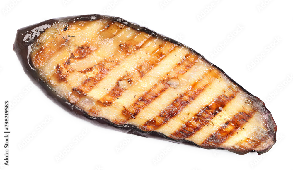 One slice of tasty grilled eggplant isolated on white, top view One slice of tasty grilled eggplant isolated on white, top view