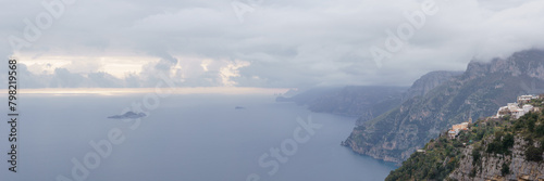 Panoramic view of the rocky landscape over the sea along the Amalfi Coast, Province of Salerno, Campania, Italy