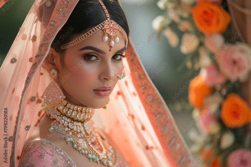 Young beautiful indian woman in designer lehenga and jewelery