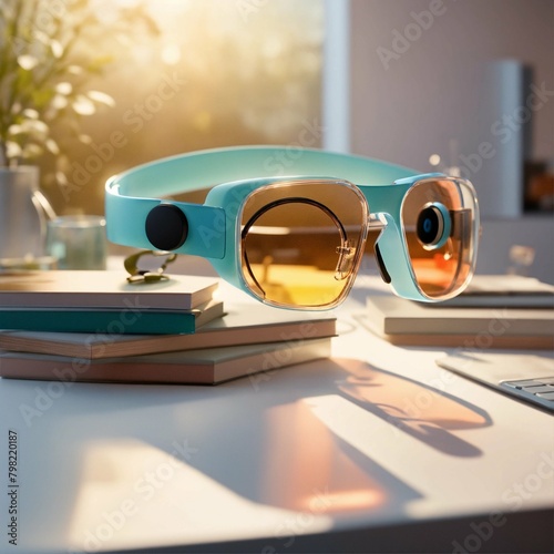 A stunning, minimalist, thin, pastel translucent glass AR headset designed by CLOEN, Dieter Rams. Unreal engine render, natural lighting, on desk, beautiful shot