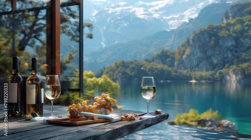 Serene Bliss Wine Enjoyment on Wooden Terrace Overlooking Mountain Lake Offers Tranquil Beauty and Relaxation
 photo