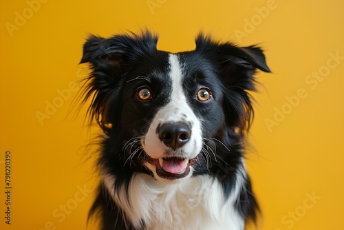 A black and white dog with a yellow background looking at the camera with a smile on his face and