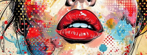 Girl's face with red lips in pop art and in watercolor style with dots. Mixed magazine media design. Bright colors.