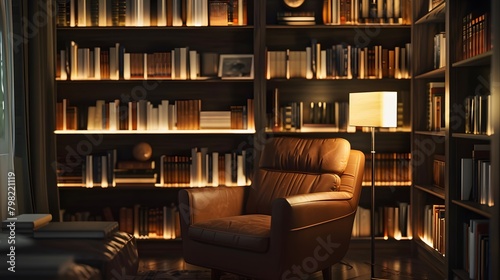 A cozy reading nook in a minimalist luxury room, featuring a sleek bookshelf filled with leather-bound classics and modern literature, bathed in soft lamplight. photo