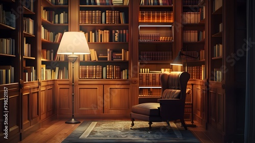 A cozy reading nook in a minimalist luxury room, featuring a sleek bookshelf filled with leather-bound classics and modern literature, bathed in soft lamplight.