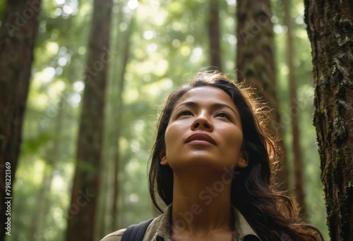 A woman looks up in awe in a dense forest. The wonder of nature and exploration on her face.