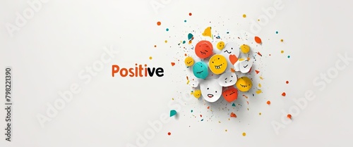 Mockup of banner on a white background with word Positive, decorated with several colored buttons