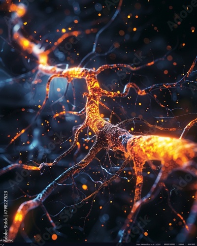 Scientific image displaying a motor neurons path from the spinal cord to muscle fibers, emphasizing its role in muscle control and movement photo