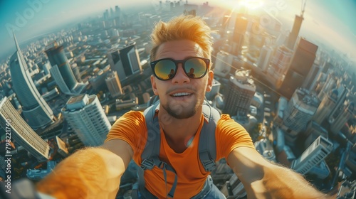 Stalker. Conquering Heights: Portrait of a Young Man Scaling a Skyscrape photo