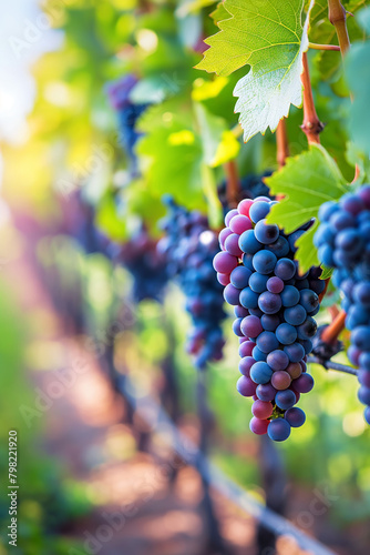 Lush grape clusters hanging from vines in a vineyard. Sunlit agricultural landscape. Organic produce concept. Banner with copy space.