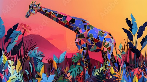 A curious giraffe composed of elongated rectangles, stretching its neck to nibble on geometric leaves amidst a colorful savanna. photo