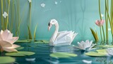 A delicate pastel-colored 3D origami swan gracefully gliding on a serene blue pond, surrounded by vibrant green lily pads and tall, slender reeds.