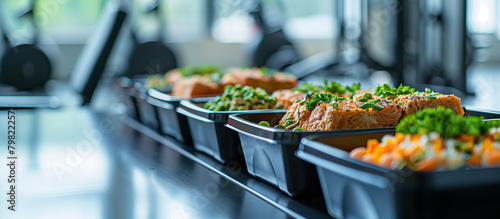 A lineup of high-protein, low-carb meals in individual lunch boxes, tailored for fitness enthusiasts. The meals are photographed in a gym setting with equipment subtly blurred in t photo